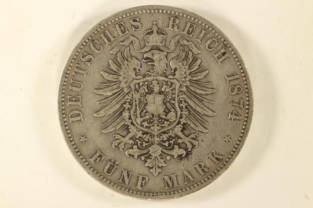 1874-D GERMANY BAVARIA SILVER 5 MARK VERY FINE (1 of 2)