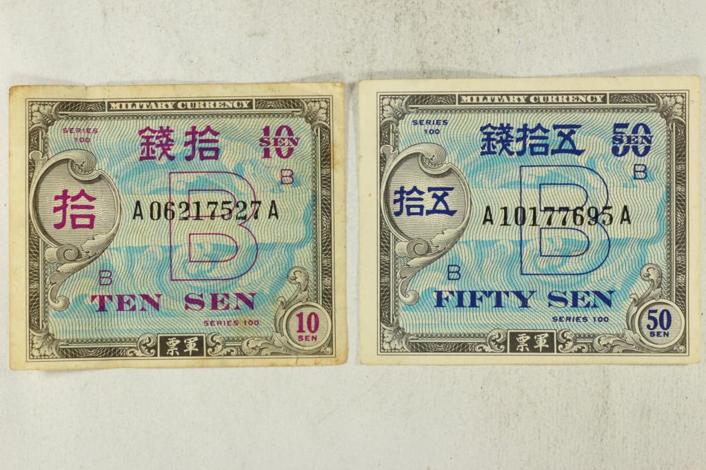 2 PIECES OF JAPANESE SERIES 100 MILITARY CURRENCY: 10 SEN AND 50 SEN