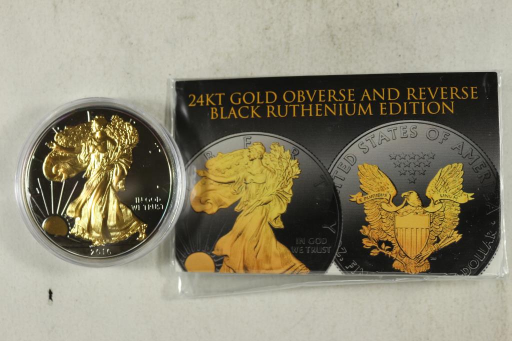 2016 BLACK RUTHENIUM WITH 24KT GOLD CLAD: HIGHLIGHTS ON OBV. AND REVERSE AMERICAN SILVER EAGLE