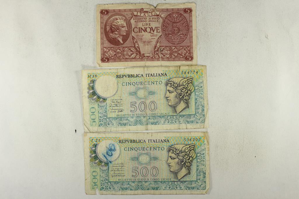 3 PIECES OF ITALIAN CURRENCY 1944-5 LIRE AND: 2-500 LIRE