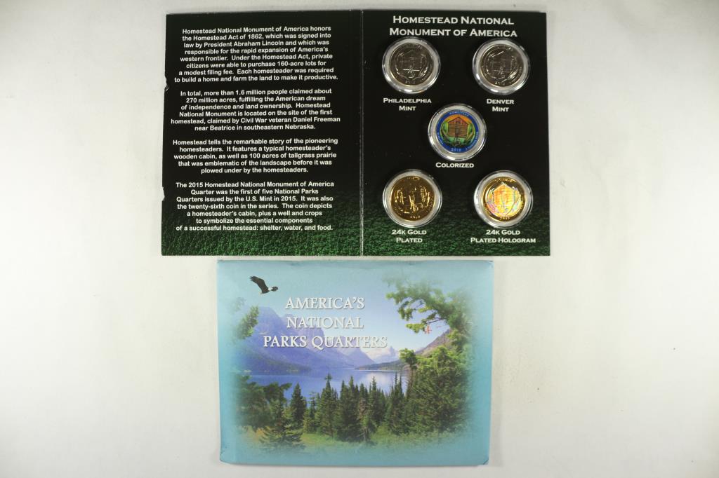 2015 HOMESTEAD NATIONAL MONUMENT NATIONAL PARK: QUARTERS P & D, COLORIZED, 24KT GOLD PLATED AND 24KT GOLD PLATED HOLOGRAM