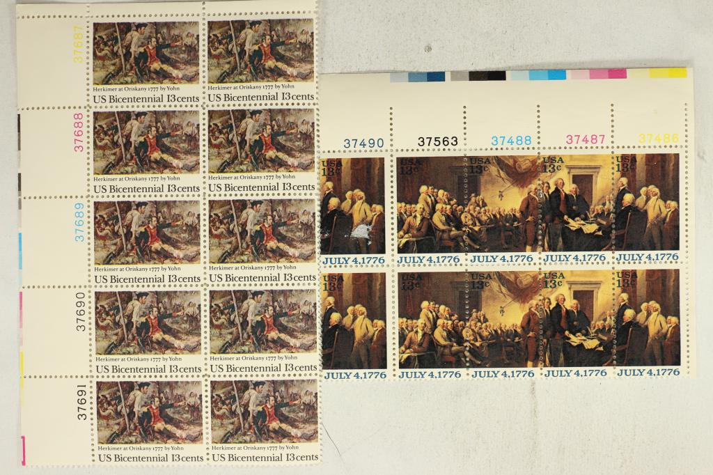 2 BLOCKS OF MINT UNUSED POSTAGE 10 US: BICENTENNIAL 13 CENTS AND 10-JULY 4TH, 1776-13 CENTS