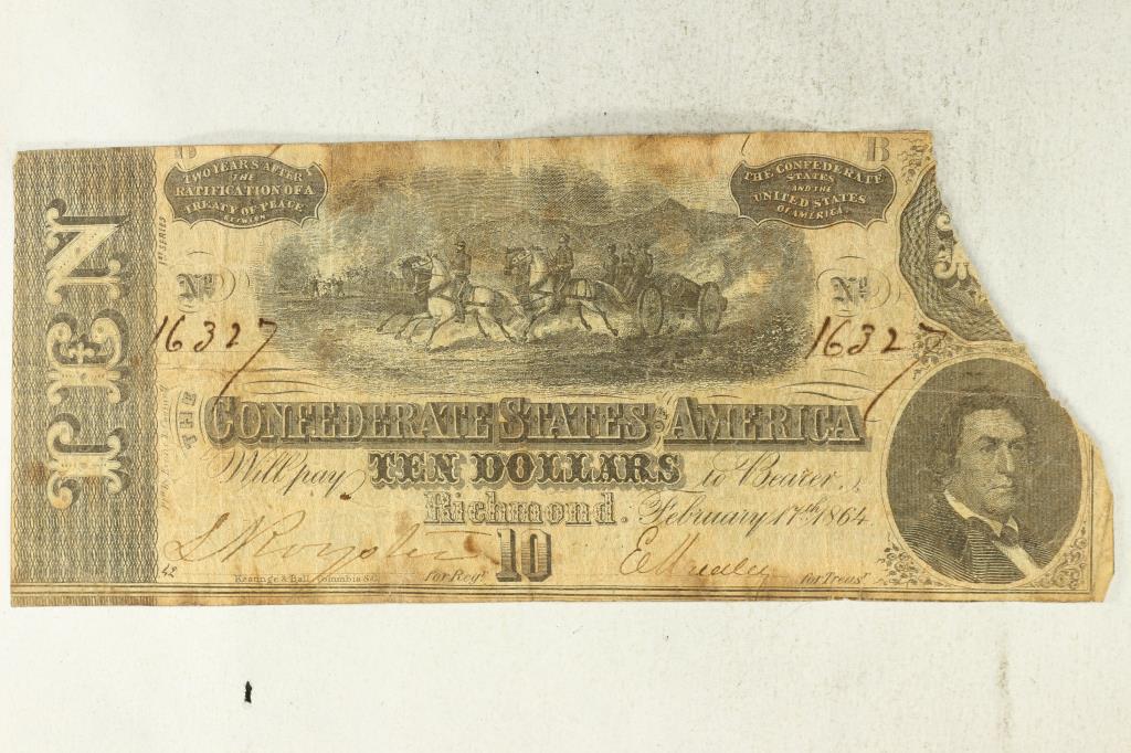1864 CONFEDERATE STATES OF AMERICA $10: HAND SIGNED AND NUMBERED AS SHOWN