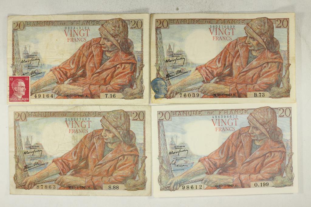 4 PIECES OF FRANCE 20 FRANC CURRENCY 1942, 2-1943,: 1949. ONE OF THE 1942'S HAS CUTOUT OF HITLER ON IT AND THE OTHER 1942 HAS A GERMAN HITLER STAMP ON IT