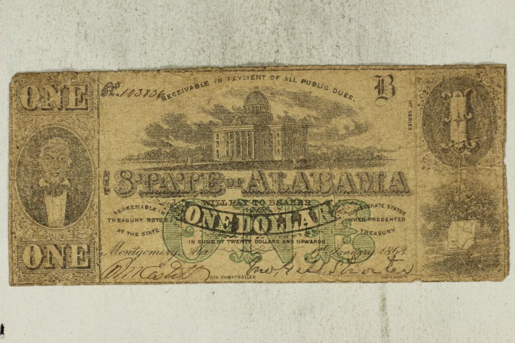 1863 STATE OF ALABAMA $1 OBSOLETE BANK NOTE (1 of 2)