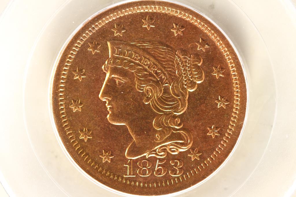 1853 US LARGE CENT BRILLIANT UNC PCGS GENUINE (1 of 3)