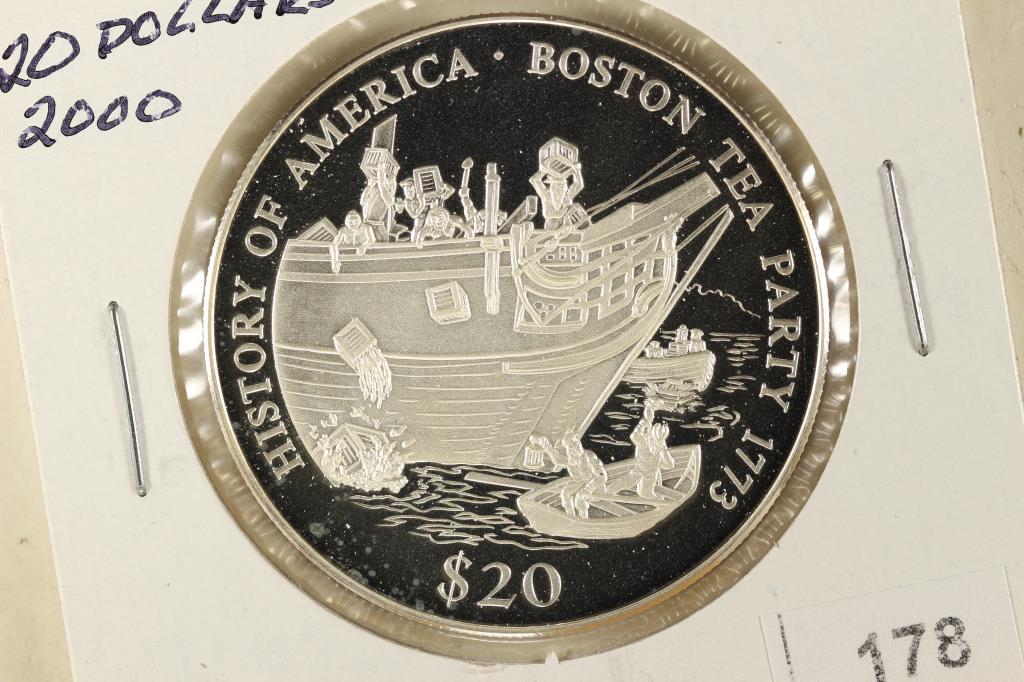 2000 LIBERIA "BOSTON TEA PARTY" $20 SILVER PROOF: .6478 OZ. ASW