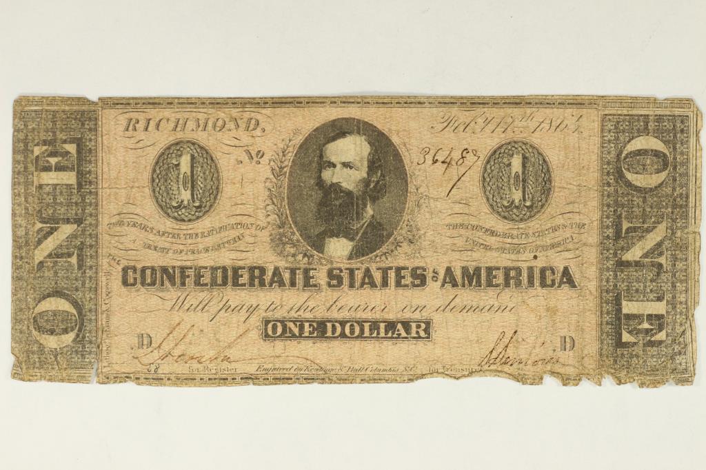 1865 CONFEDERATE STATES OF AMERICA $1: WITH SMALL TEAR HAND SIGNED AND NUMBERED