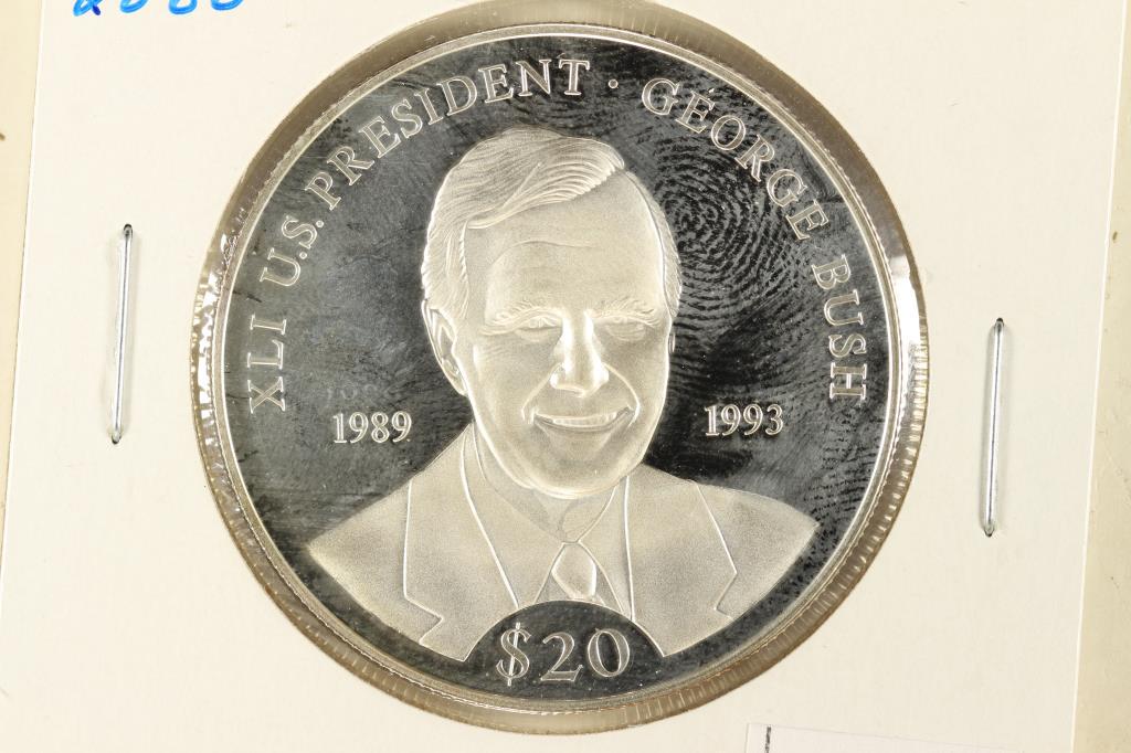 2000 LIBERIA SILVER PROOF $20 US PRESIDENT: GEORGE BUSH .6423 OZ. ASW