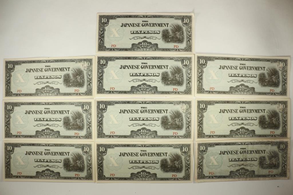 10 WWII JAPANESE GOVERNMENT 10 PESOS INVASION: CURRENCY, 9 CRISP UNC AND 1 NOT