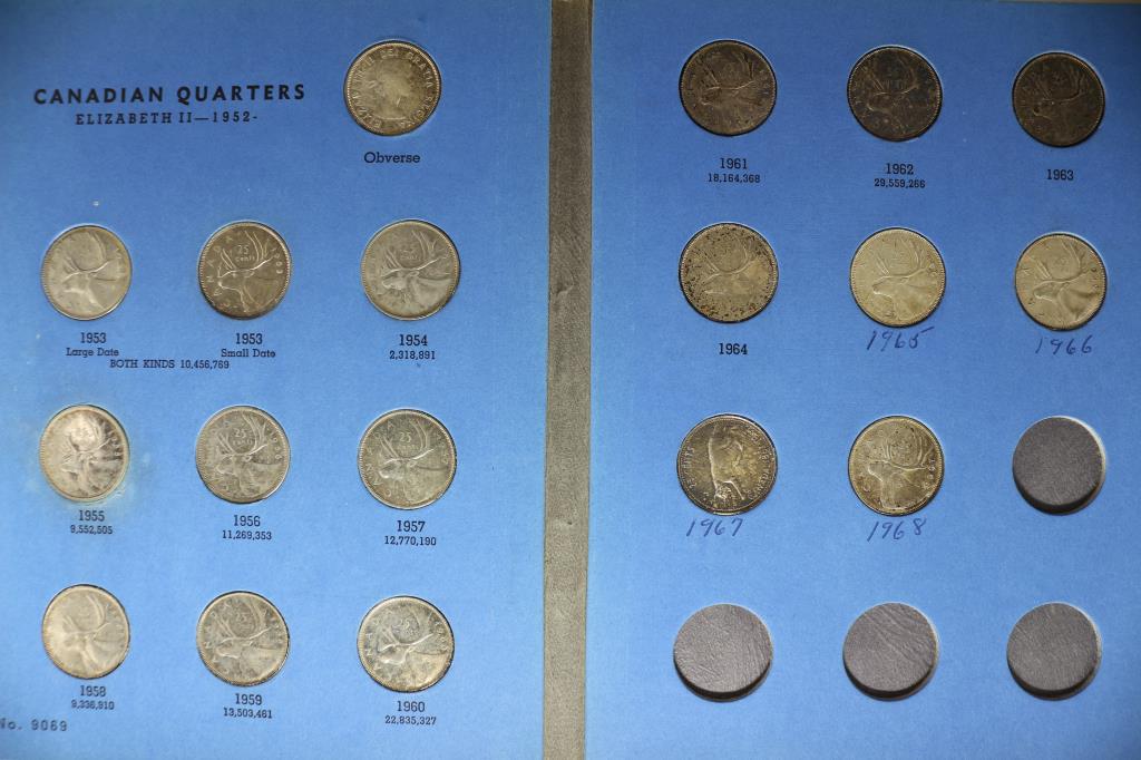 1953-1968 CANADIAN SILVER 25 CENTS 18 COINS: ALL DIFFERENT IN WHITMAN ALBUM