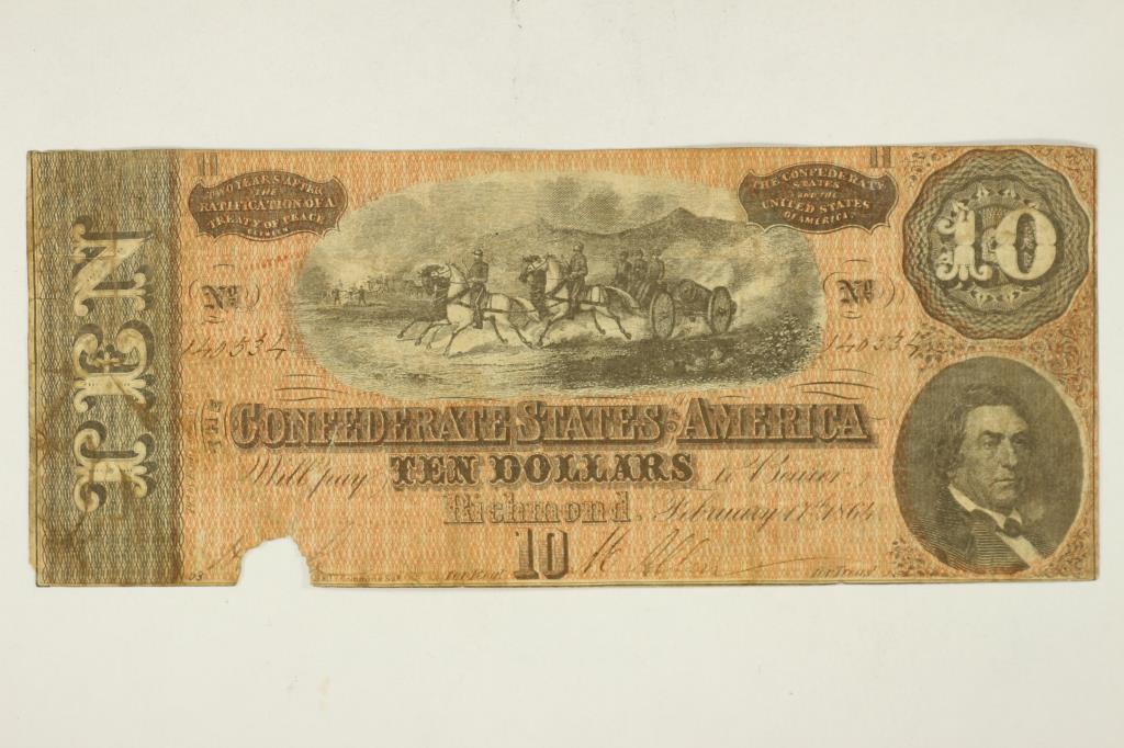 1864 CONFEDERATE STATES OF AMERICA $10 BILL (1 of 2)
