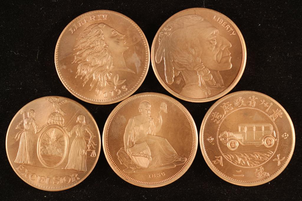 5 ASSORTED 1/2 OZ. .999 COPPER ROUNDS BY THE (1 of 2)