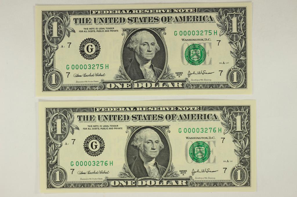 2-2003-A $1 FRN'S LOW CONSECUTIVE SERIAL 'S UNC: SERIAL NUMBERS ARE:G00003275H-G00003276H
