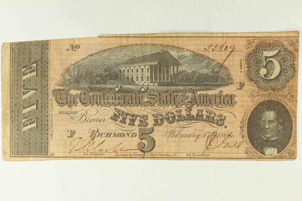 1864 CONFEDERATE STATES OF AMERICA $5: HAND SIGNED AND NUMBERED