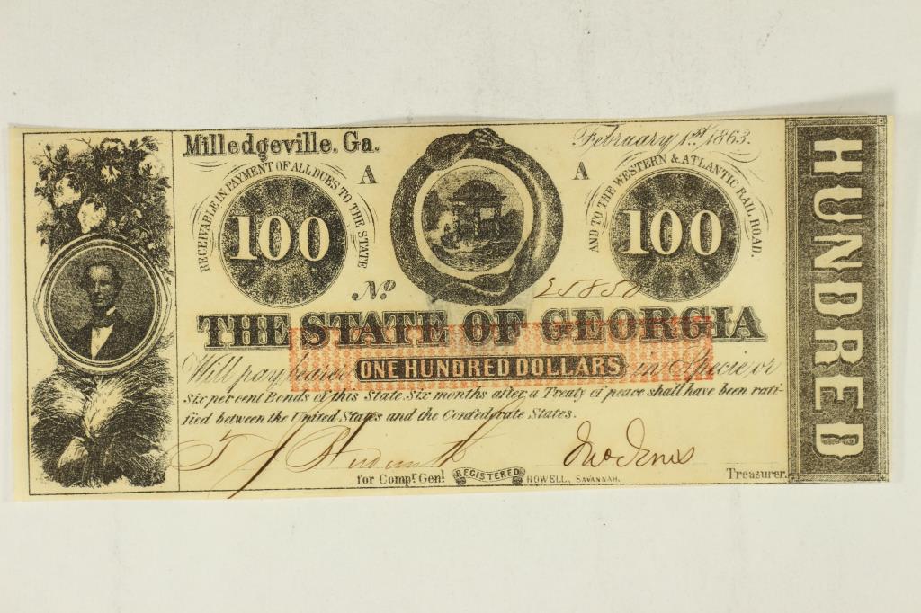 1863 MILLEDGEVILLE, GA $100 OBSOLETE BANK NOTE (1 of 2)