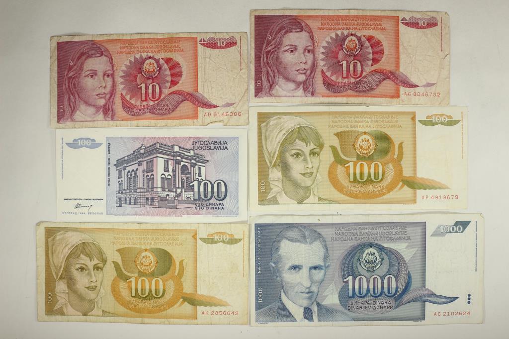 6 PIECES OF YUGOSLAVIAN CURRENCY 2-1990-DINARA: 1994-100 DINARA, 2-1990-100 DINARA AND 1991-1000 DINARA