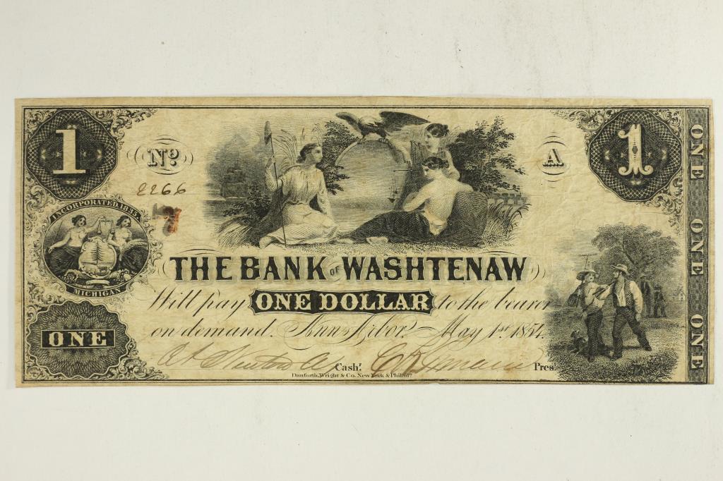 1854 BANK OF WASHTENAW $1 OBSOLETE BANK NOTE (1 of 2)