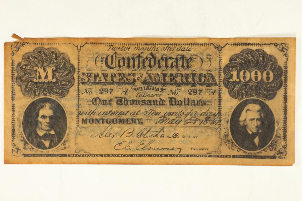 VINTAGE ADVERTISING CONFEDERATE STATES OF AMERICA: $1000 WITH CITEZENS FEDERAL SAVINGS AD ON REVERSE