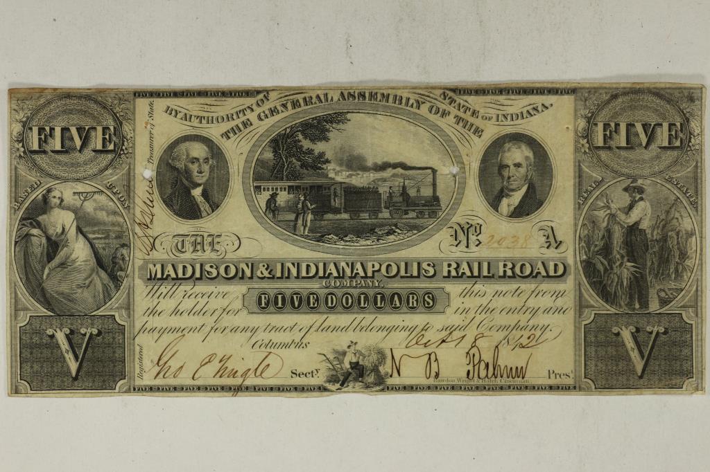 1842 MADISON & INDIANAPOLIS RAILROAD $5 WITH 2 PIN