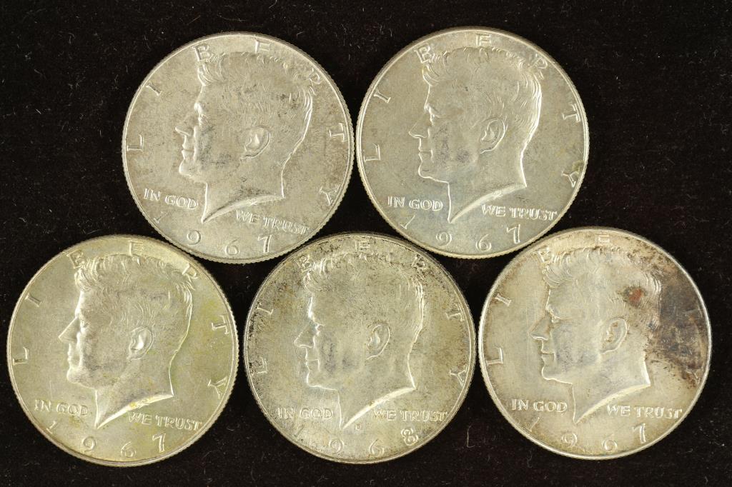 5 ASSORTED 1967-1968 40% SILVER JOHN F. KENNEDY'S: WATCH FOR OUR NEXT AUCTION ON MONDAY MARCH 29TH, 2021.