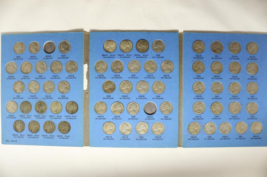 1938-1961 JEFFERSON NICKEL ALBUM WITH 63 COINS: INCLUDING ALL 11 OF THE 35% SILVER JEFFERSON WAR NICKELS IN WHITMAN ALBUM