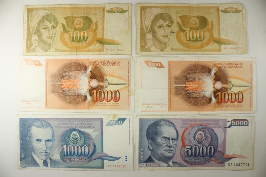 YUGOSLAVIA 2-1990-100 DINARA, 2-1990-1000 DINARA,: 1991-1000 DINARA AND 1985-5000 DINARA, 6 BILLS TOTAL