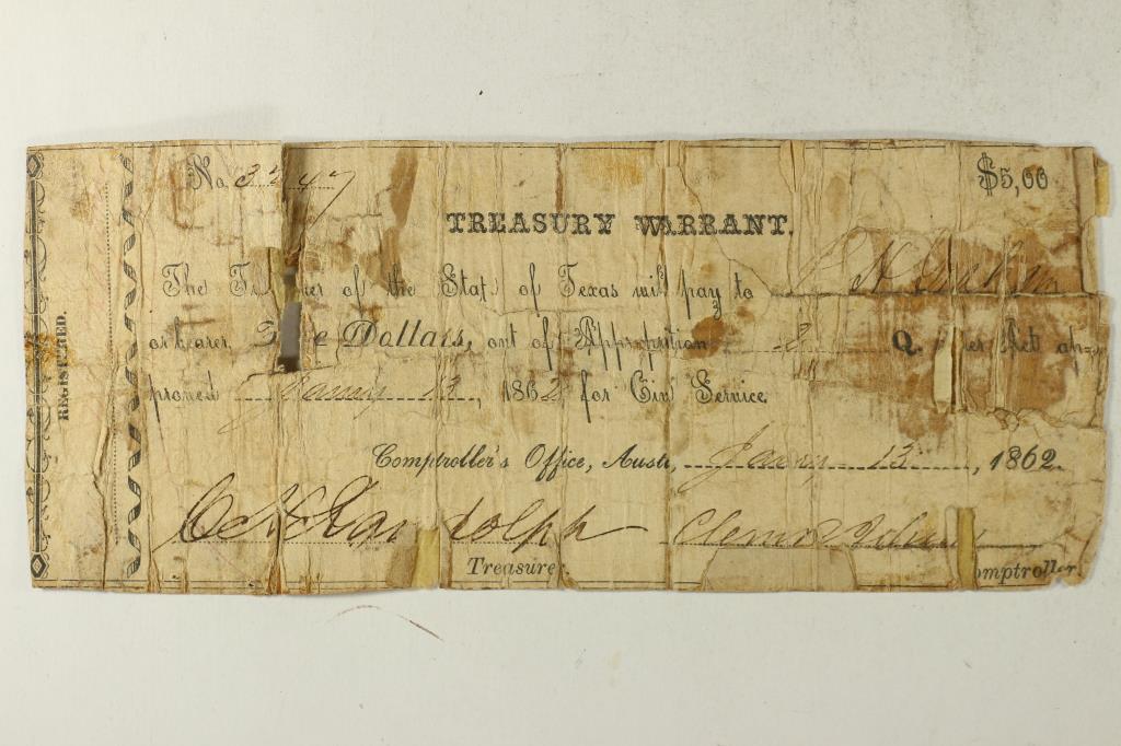 1862 STATE OF TEXAS TREASURY WARRANT RIPPED (1 of 2)