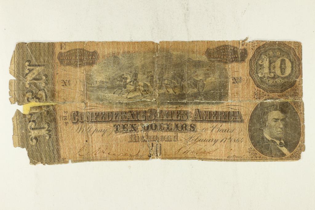 1864 CONFEDERATE STATES OF AMERICA $10 TOUGH: SHAPE RIPPED AND TAPED ON BACK
