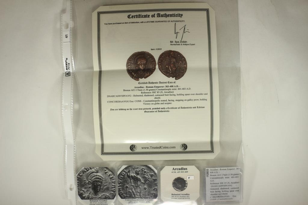 383-408 A.D. ARCADIUS ANCIENT COIN (FINE) WITH: CERTIFICATE OF AUTHENTICITY