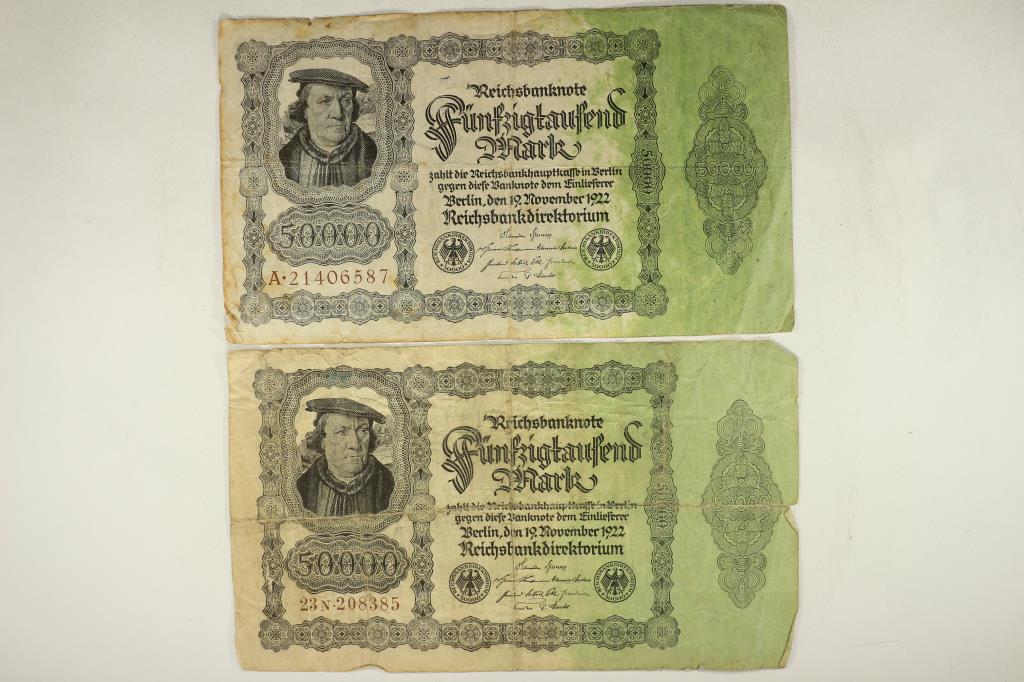 2 PIECES OF 1922 GERMAN 50,000 MARKS (1 of 2)