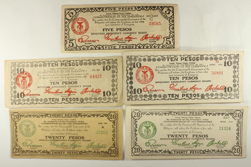 5 PIECES OF WWII PHILIPPINES EMERGENCY CURRENCY (1 of 2)