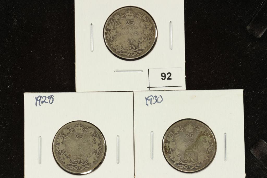 1917, 1928 & 1930 CANADA SILVER 25 CENTS (1 of 2)