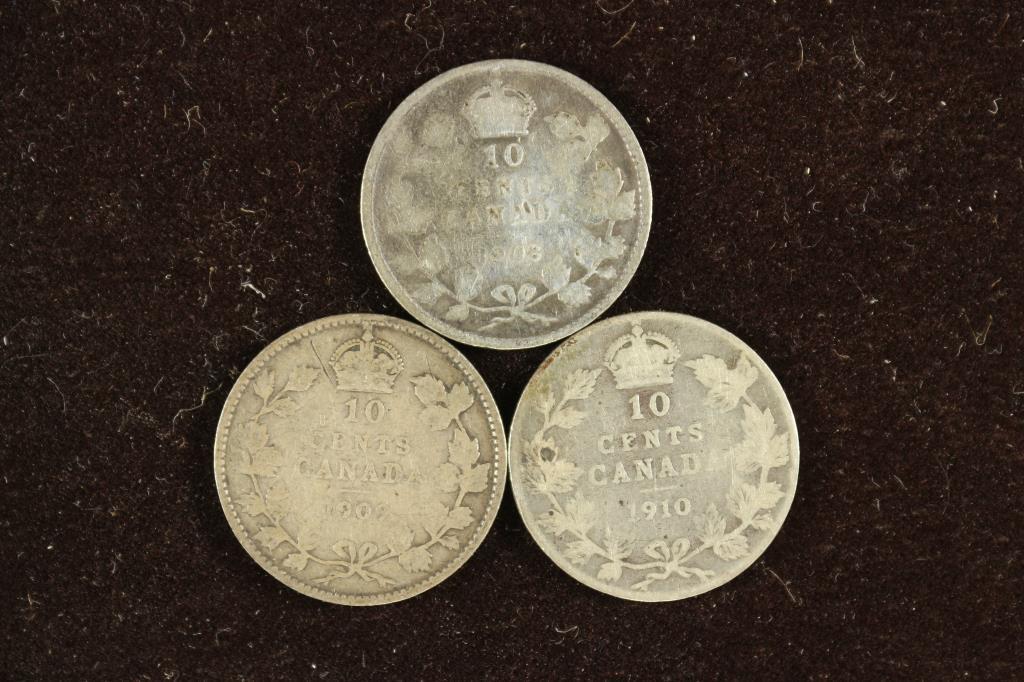 1908, 1909 AND 1910 CANADA SILVER 10 CENTS (1 of 2)