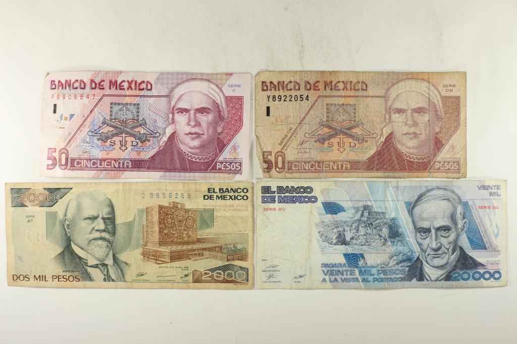 4 PIECES OF MEXICO CURRENCY 1994-50 PESOS,: 2000-50 PESOS, 1985-2000 PESOS AND 1987-20,000 PESOS