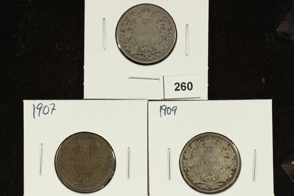 1902, 1907 & 1909 CANADA SILVER 25 CENTS (1 of 2)