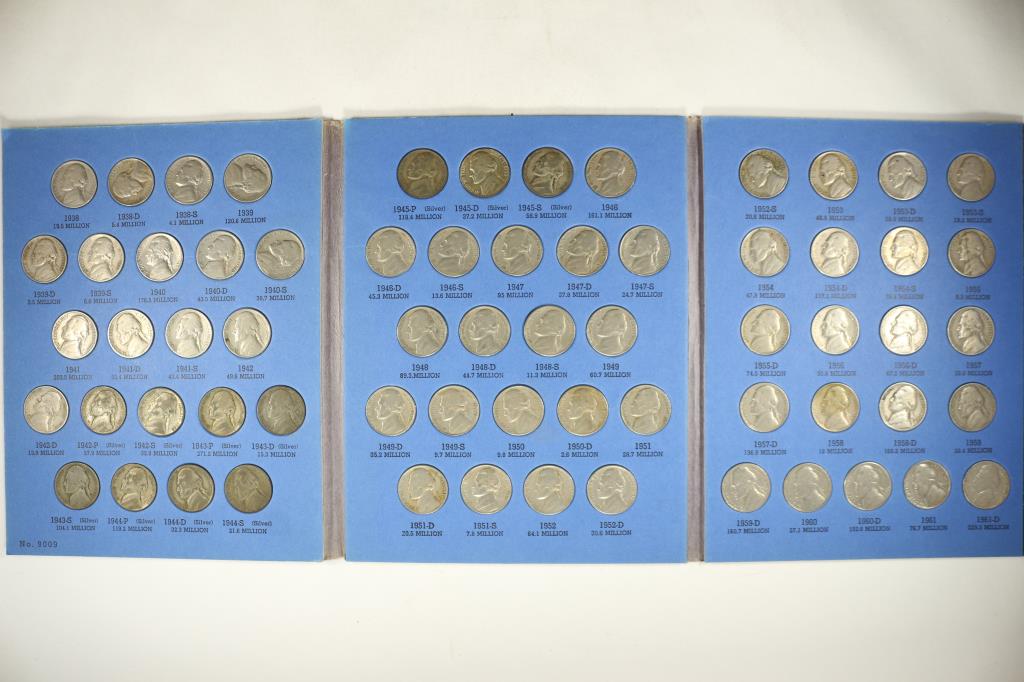 COMPLETE 1938-1961 JEFFERSON NICKEL SET 65 COINS: INCLUDING ALL 11 35% SILVER JEFFERSON WAR NICKELS AND 1950-D IN WHITMAN ALBUM