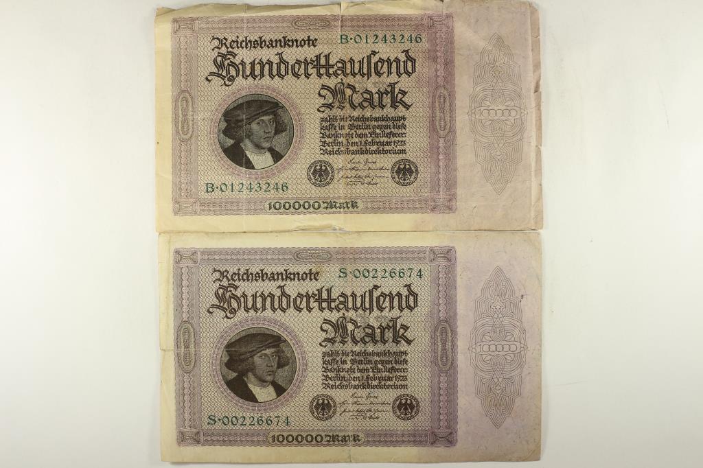 2-1923 GERMAN 100,000 MARK BILLS (1 of 2)