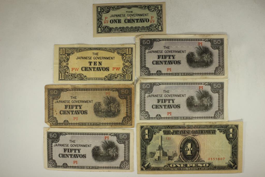 7 PIECES OF JAPANESE GOVERNMENT WWII: INVASION CURRENCY 1 CENTAVO, 10 CENTAVO, 4-50 CENTAVO AND A 1 PESO