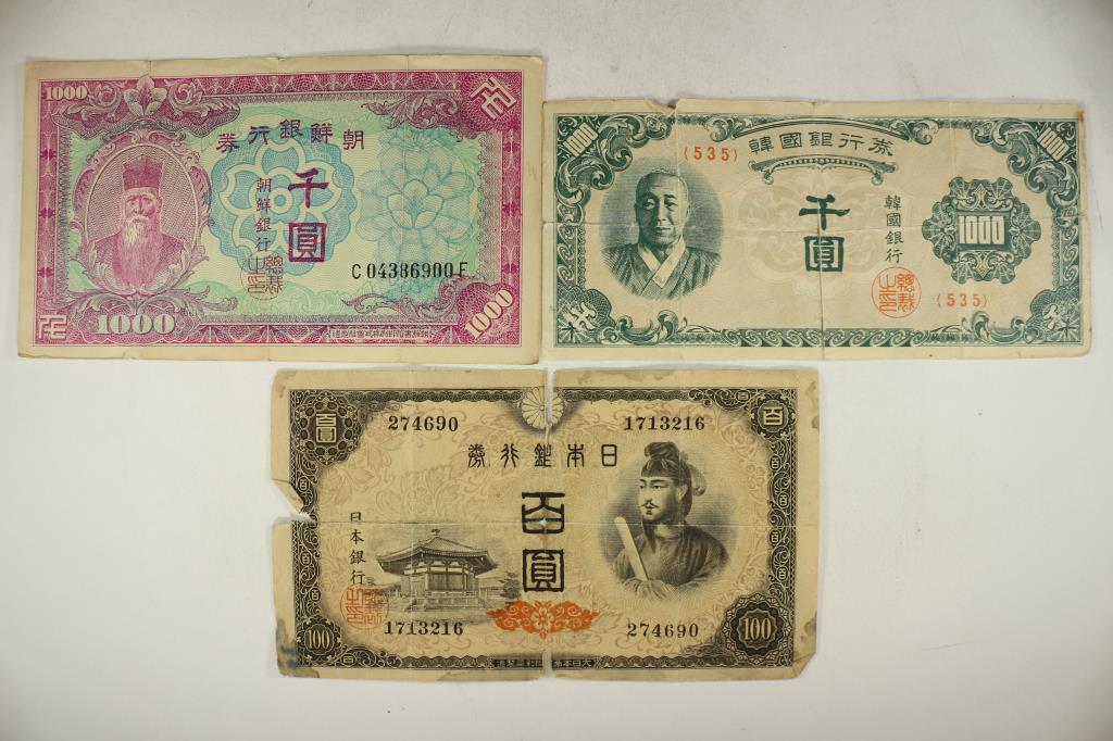 3 PIECES OF KOREAN & JAPANESE  CURRENCY 100 YEN (1 of 2)