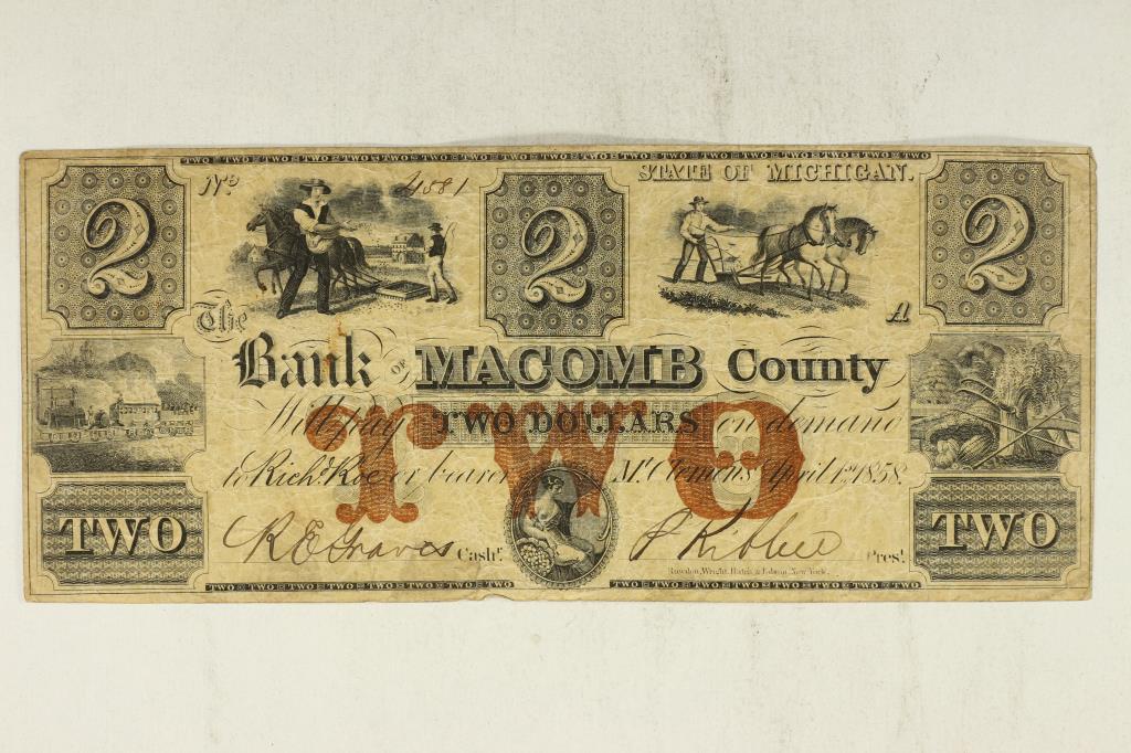 1858 BANK OF MACOMB COUNTY, MICHIGAN $2 OBSOLETE: CURRENCY HAND SIGNED AND NUMBERED