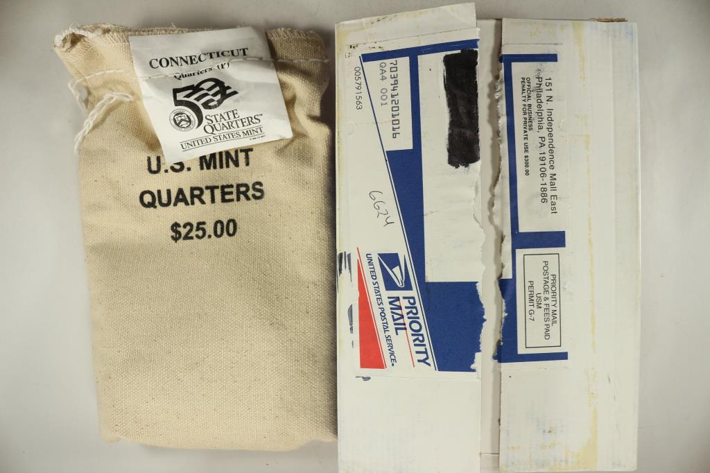US MINT $25 BAG OF 1999-P CONNECTICUT QUARTERS: BRILLIANT UNC, SEALED WITH ORIGINAL MAILING BOX