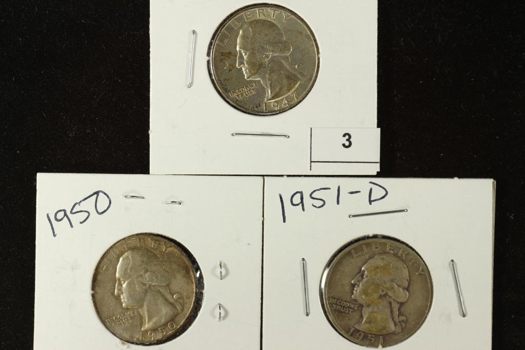 1947, 1950 & 1951-D WASHINGTON SILVER QUARTERS (1 of 2)