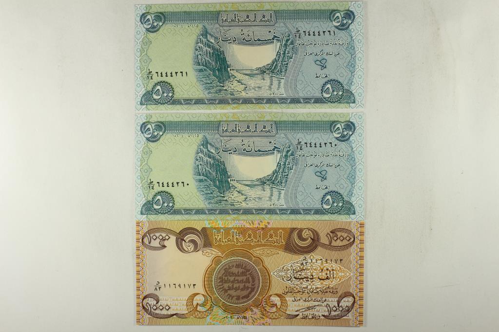 3 PIECES OF CRISP UNC IRAQ CURRENCY 2-500 DINARS & (1 of 2)