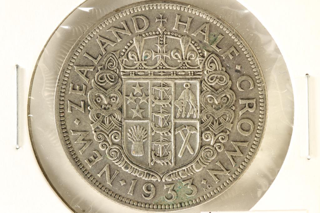 1933 NEW ZEALAND SILVER HALF CROWN .2273 OZ. ASW: WATCH FOR OUR NEXT AUCTION ON MONDAY MAY 31ST, 2021 AT 7 PM EDT