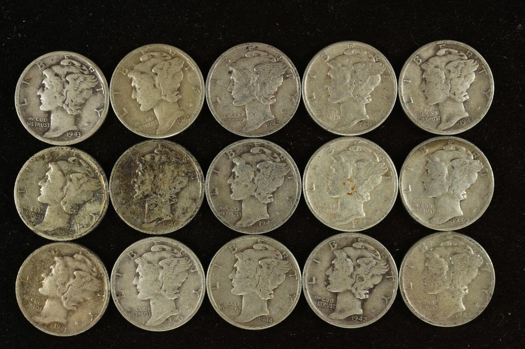 15 ASSORTED 1940'S MERCURY DIMES (1 of 2)