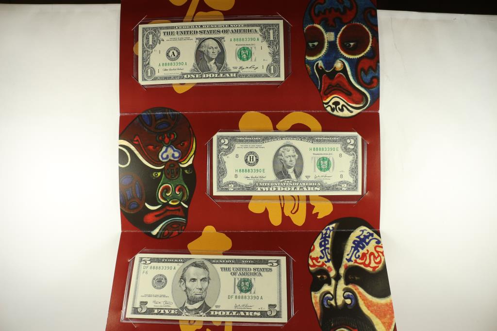 LUCKY MONEY 8.8.8 MATCHING SERIAL NUMBER CURRENCY: SET CONTAINS: A 2006 $1 FRN, 2003-A $2 FRN AND 2003 $5 FRN. ALL BILL SERIAL NUMBES START WITH 8888 AND END WITH 3390, ORIGINAL BEP PACKAGING