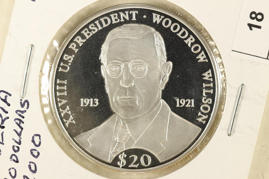 2000 LIBERIA SILVER PROOF $20 WOODROW WILSON: .6423 OZ. ASW