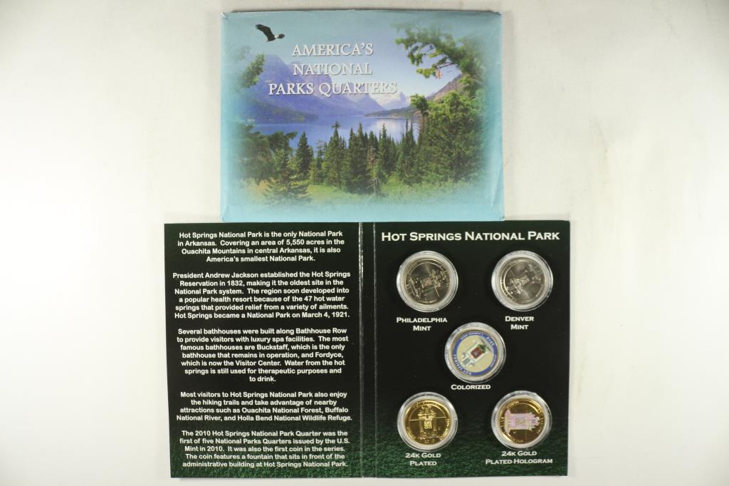 2010 HOT SPRINGS NATIONAL PARK QUARTERS SET: P & D, COLORIZED, 24KT GOLD PLATED AND 24KT GOLD PLATED HOLOGRAM