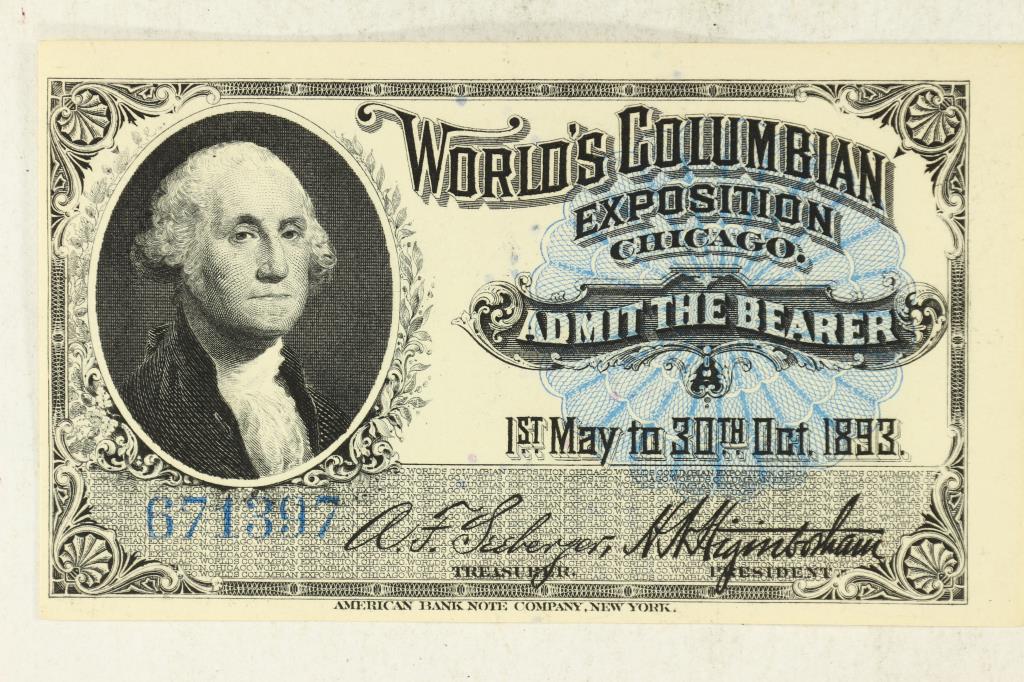 1893 WORLD'S COLUMBIAN EXPOSITION ADMISSION: TICKET, WASHINGTON, CRISP UNC